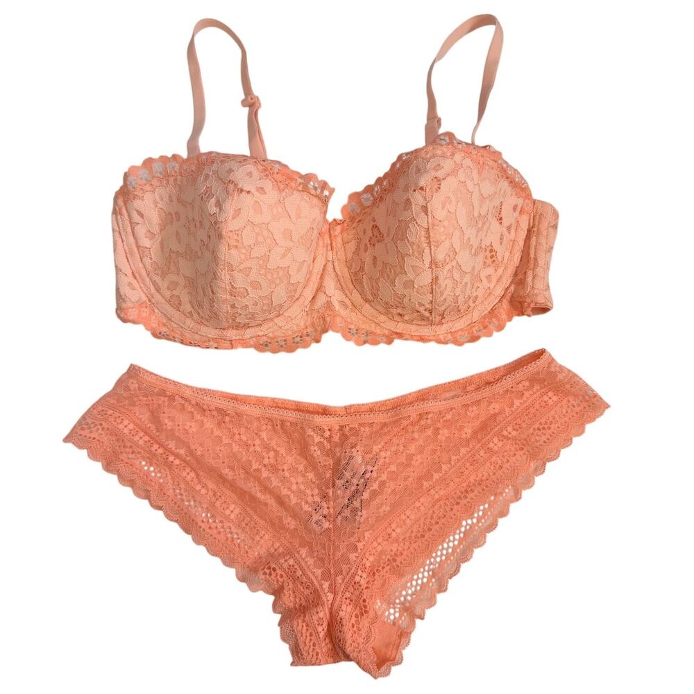 Victoria’s Secret 36C Bra Set Body By Victoria Lined Peach Lace M Cheeky NWT